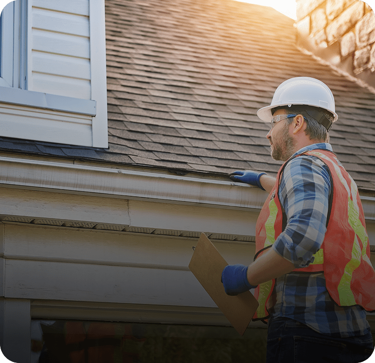 Man in safety gear examining shingles