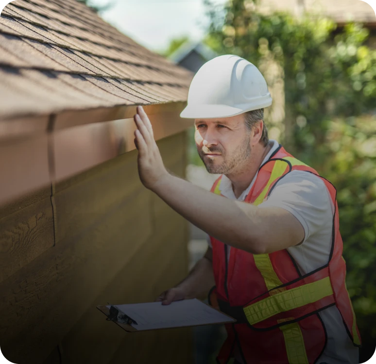 Man in safety gear examining shingles