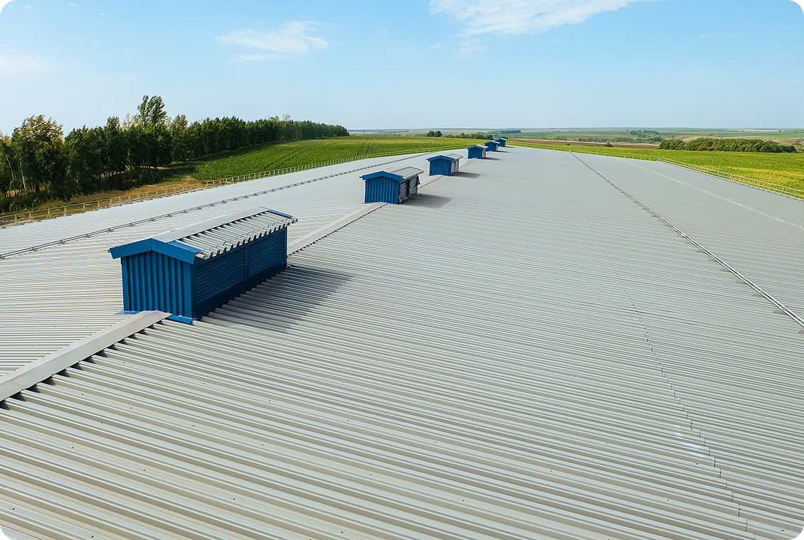 Large metal roof with blue vents
